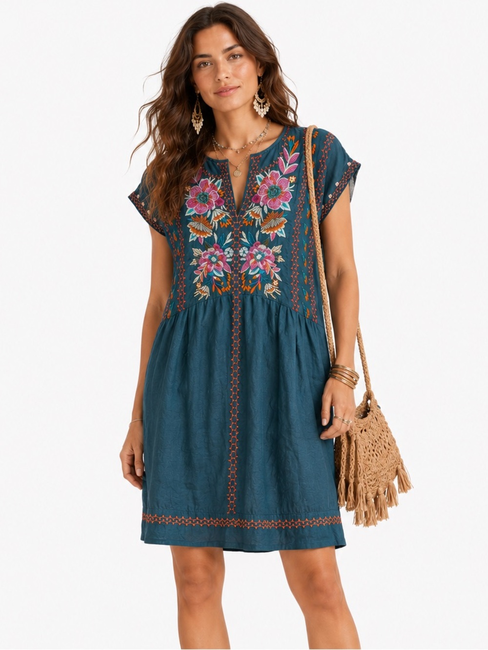 Johnny Was Workshop Embroidered Ramie Dress Boho Floral Tunic Mini Dress Small
